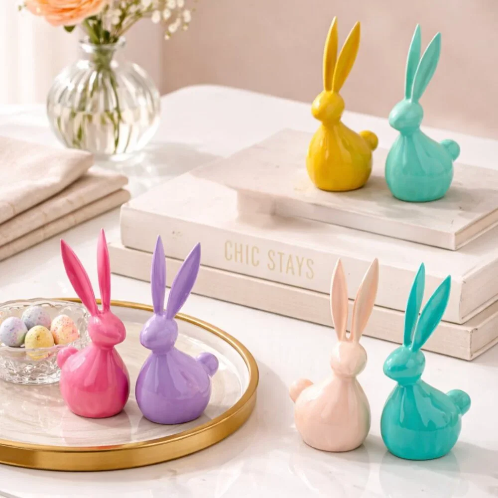 Sold out! Mini Metal Easter Bunny Decor – 3”–5” Glossy Spring Figurine Set of 6 - Picture 1 of 9